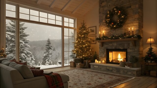 Cozy Christmas living room interior with a glowing fireplace and a beautifully decorated tree overlooking a snowy winter forest scene