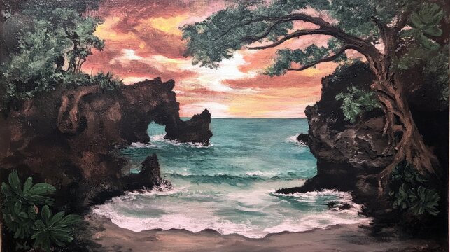 A painted seascape depicting dramatic rock formations and an archway carved by the sea, with waves crashing on a sandy shore under a vibrant sunset sky.