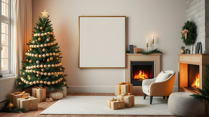 Festive Holiday Cheer A Cozy Christmas Scene with Fireplace and Gifts