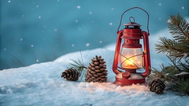 Cozy Christmas Scene Red Lantern Illuminates a Snowy Landscape with Pine Cones and Evergreen Branches; Festive Holiday Ambiance r (50)