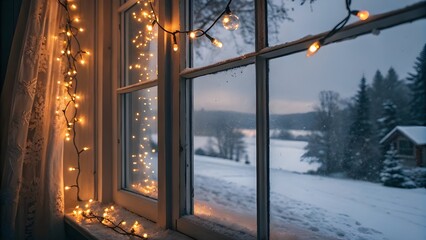 Fototapeta premium Christmas Window Glimmer A Cozy Winter Scene Bathed in Warm, Festive Lights, Capturing the Magic of the Season