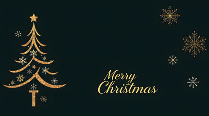 Golden Christmas Tree with Snowflakes and Merry Christmas Message on a Dark Green Background