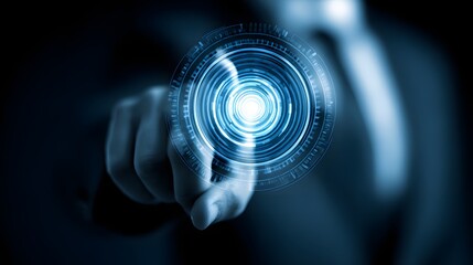 Hand touching futuristic glowing blue circle interface.