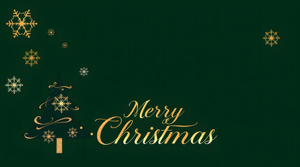 Sparkling golden Merry Christmas greeting card with elegant snowflakes and a stylized tree on a rich green background, perfect for holiday season wishes and festive celebrations