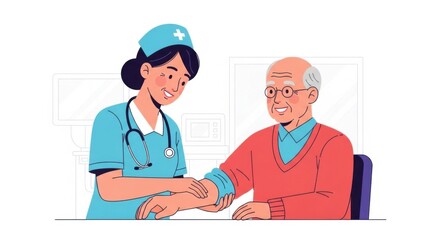 Nurse and Elderly Man Shaking Hands in Medical Clinic Friendly Healthcare Setting