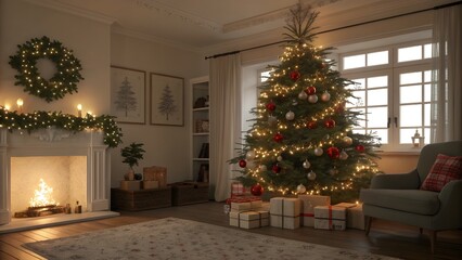 Warm Christmas Glow A Cozy Interior Scene with a Decorated Tree, Fireplace, and Festive Wreath, Radiating Holiday Cheer and Comfort