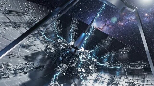 Futuristic communications array dish in deep space with starry background and cosmic nebula.