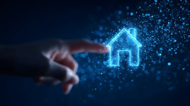 Hand Touching Luminous Digital House Icon on Dark Background.