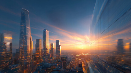 Golden Horizon Cityscape: A breathtaking panorama of a modern cityscape, bathed in the warm, golden hues of a sunrise or sunset.