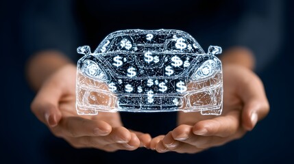 Hands holding a glowing digital car with dollar signs, symbolizing car finance and investment.