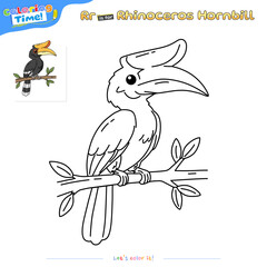 Rhinoceros Hornbill Coloring Page for Kids. Cute Cartoon Outline Drawing with Little Bird. Alphabet Letter R is for Rhinoceros Hornbill.
