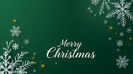 Festive Merry Christmas greeting with snowflakes and twinkling lights on a dark green background