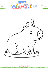 Capybara Coloring Page for Kids. Cute Cartoon Bird Outline Drawing. Printable Wildlife Education Worksheet.