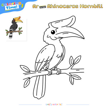 Rhinoceros Hornbill Coloring Page for Kids. Cute Cartoon Outline Drawing with Little Bird. Alphabet Letter R is for Rhinoceros Hornbill.