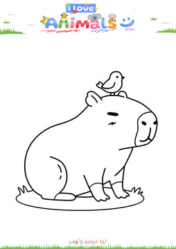Capybara Coloring Page for Kids. Cute Cartoon Bird Outline Drawing. Printable Wildlife Education Worksheet.