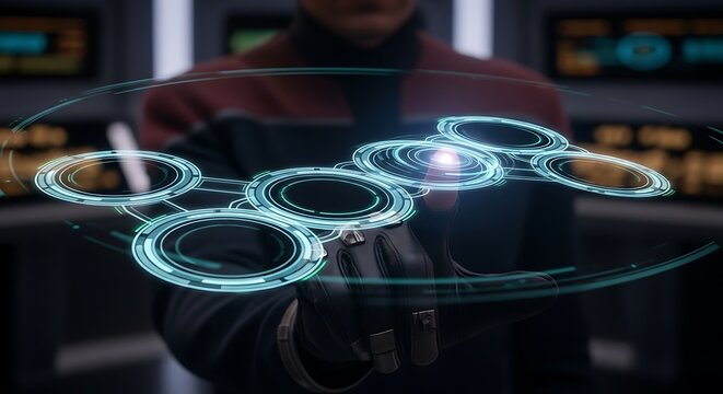 Human hand interacts with a cutting-edge holographic display, showcasing advanced virtual technology for data visualization and system control in a future-forward environment