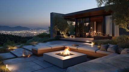Evening Vista: A modern residence boasts a serene outdoor lounge area, centered around a glowing fire pit, offering a stunning panoramic view of a distant city skyline under the twilight sky. 