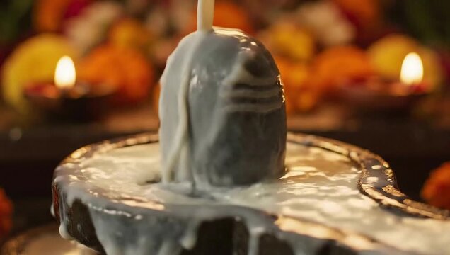 Shiva Lingam Abhishekam Hindu Worship Ritual Milk Pouring