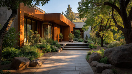 Fototapeta premium Modern Home Amidst Nature's Embrace: A contemporary residence, boasting a striking facade, is seamlessly integrated into a serene landscape, blending architectural elegance with natural beauty. 