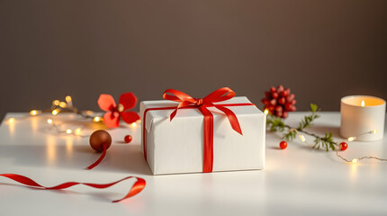 Elegant white Christmas present with a vibrant red bow, surrounded by warm twinkling lights, a candle, and festive holiday decor