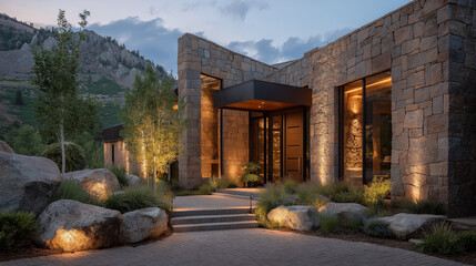 Fototapeta premium Modern Residence with Mountain View: A contemporary dwelling, crafted with stone, boasts an elegant entrance and expansive windows, all set against a stunning mountain backdrop.
