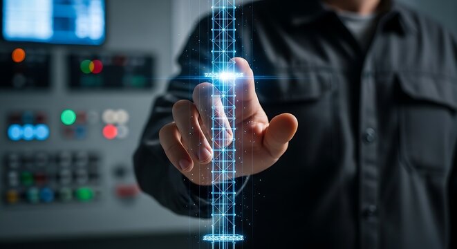 Modern technology and industrial automation with a person's hand interacting with a digital interface