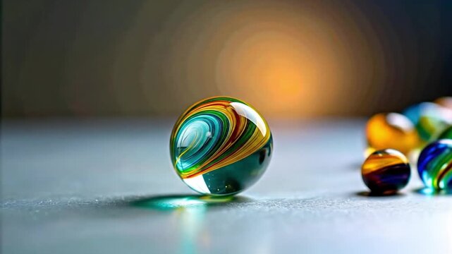 Close up of colorful glass marbles with reflections and subtle lighting