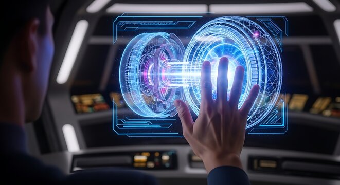 An engineer manipulating a futuristic holographic interface displaying a glowing 3D model of an advanced engine
