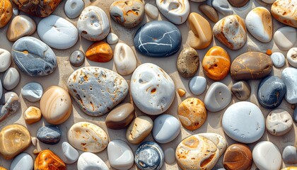 A beautifully photorealistic seamless pattern of natural, smooth beach pebbles and sand, showcasing a vibrant array of earthy tones under soft, realistic lighting