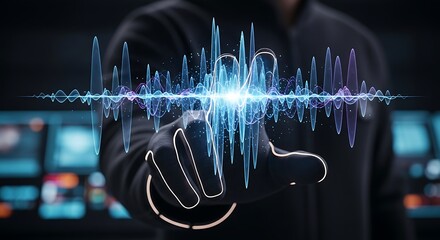 Futuristic audio waveform visualization interacting with a hand in a dark, high-tech environment
