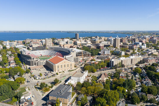Madison, WI, USA - October 7, 2025: University of Wisconsin - Madison is a top ranked research university located in downtown Madison that was founded in 1848. Aerial view of campus.