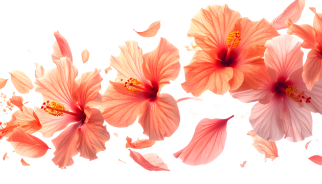 Vibrant Coral Hibiscus Flowers in Motion with Petals Dancing in the Wind, A Symphony of Nature's Beauty