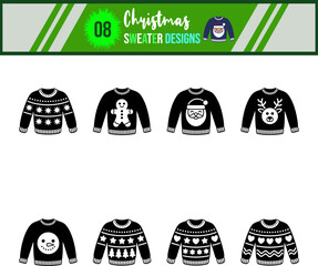 Festive Christmas Sweater Designs Collection of Eight Unique Black and White Icons
