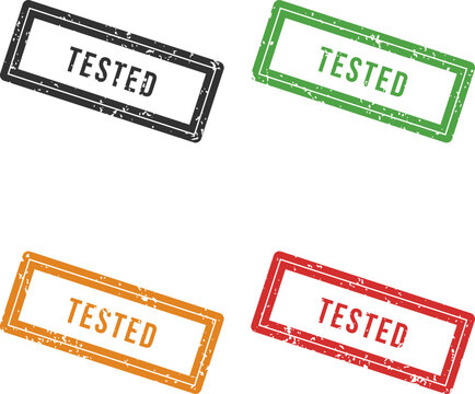 Colorful tested stamp set in black green orange and red colors with grunge effect