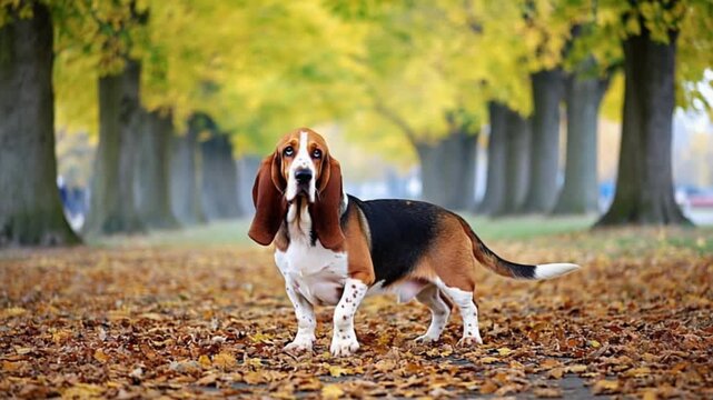Basset hound standing on fallen leaves in a park with trees in the background during the autumn season dog video