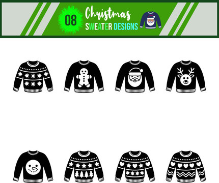 Festive Christmas Sweater Designs Collection of Eight Unique Black and White Icons