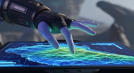 A futuristic scene shows a gloved hand interacting with a holographic map, touching and analyzing data