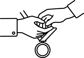 Minimalist Line Drawing of Hands Exchanging Medal in Black and White