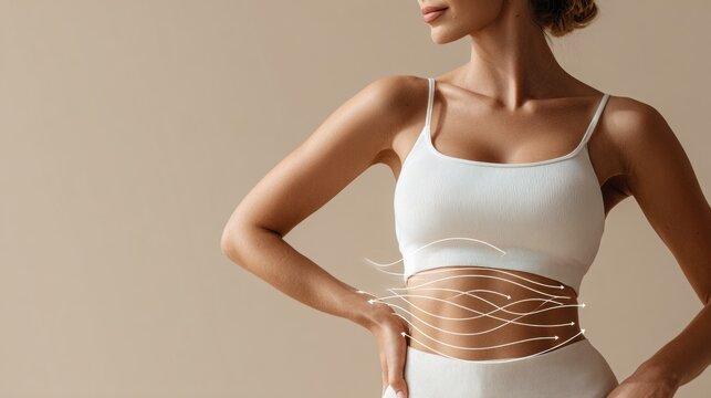 Belly Fat Contour Lines Illustrated on a Womans Midsection for Body Shaping Concept in a Minimal Beige Setting