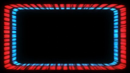 A retro-style neon video clip featuring a rectangular frame with moving red and blue dashed lines creating a hypnotic tunnel effect on a black background.