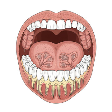 Illustration of the human mouth and taste buds on the tongue. Isolated on a white background.