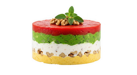 Layered savory cake with walnuts and mint garnish