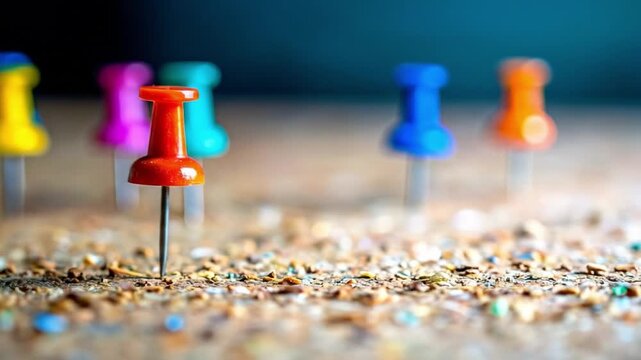 Close up of colorful push pins on a textured surface with selective focus