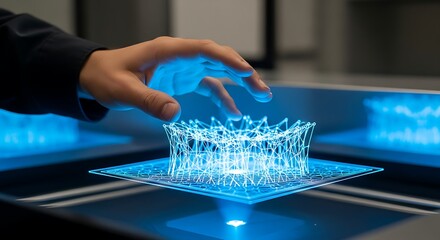 Futuristic digital interface displaying intricate geometric network with human hand interacting with technology