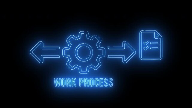 Mechanical workflow with central gear showing bidirectional process movement and document integration in neon theme