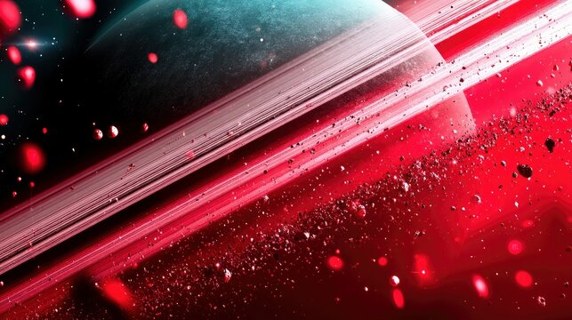 A vast cosmic scene featuring a ringed planet partially illuminated, surrounded by a dense field of asteroids and nebulae in vibrant red and teal hues.