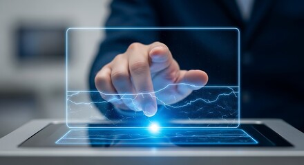 Innovative technology for data visualization with a businessman touching a holographic financial graph