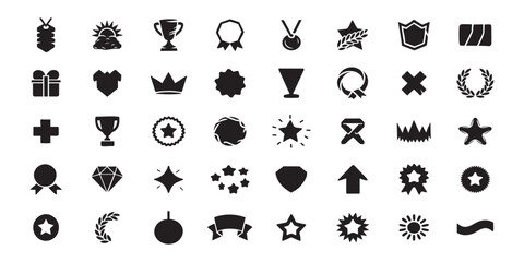 Full set of minimal silhouette reward icons, web ready medals, trophies, bonuses, gifts, recognition illustrations