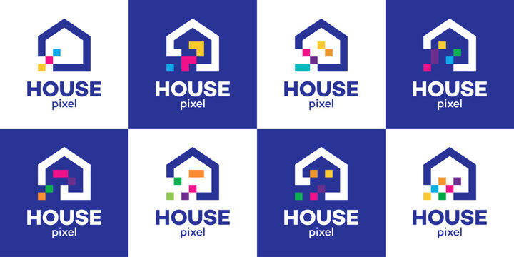 Set of digital house logo design template illustration. Modern home building concept vector design with digital pixel technology symbol graphic icon