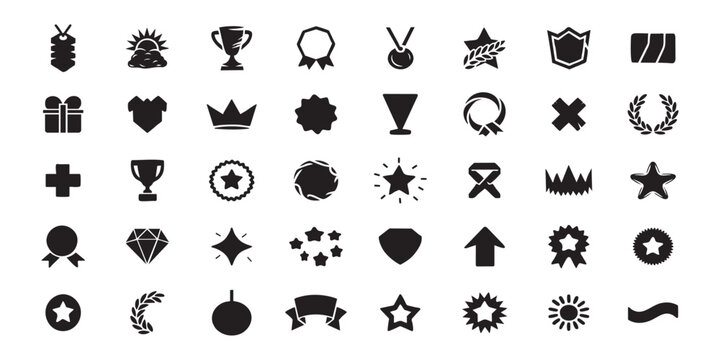 Full set of minimal silhouette reward icons, web ready medals, trophies, bonuses, gifts, recognition illustrations